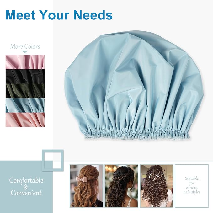 Shower Cap for Women, Double Layer Waterproof Bath Cap, Reusable Hair Protector - Image 7