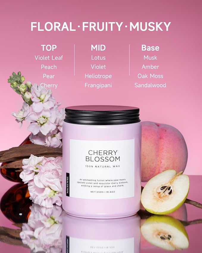 M&SENSE Large Cherry Blossom Scented Candle, 19.4oz Natural Soy Wax, 110-Hour - Image 2