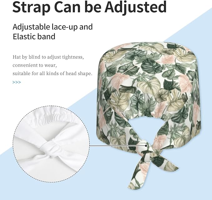 Scrub Cap for Women and Men Boho Black Leaf Pattern Adjustable Breathable - Image 4