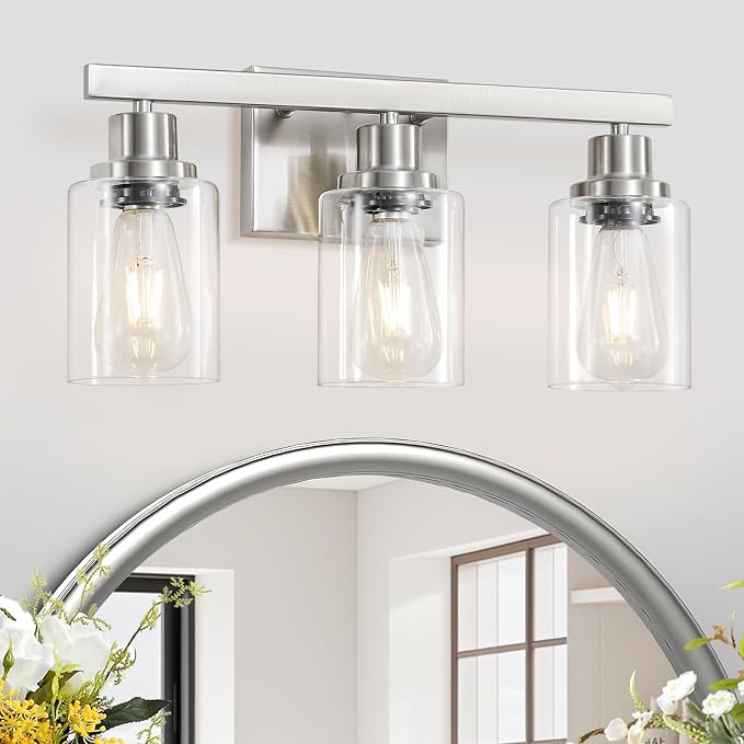 3-Light Bathroom Light Fixtures, Nickel Bathroom Vanity Light by DIKAIDALights