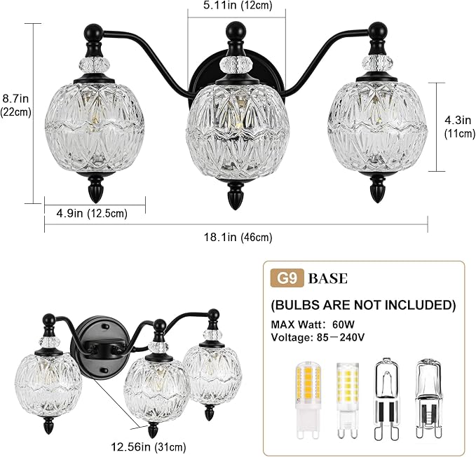 Matte Black Bathroom Vanity Light, 3-Light Mid Century Farmhouse Wall Sconce - Image 6