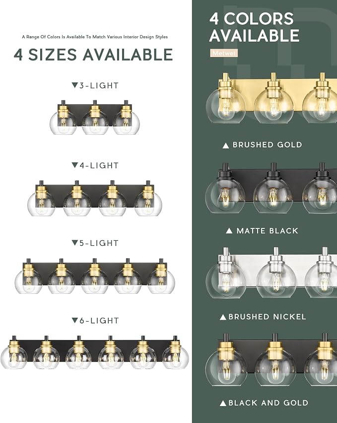 Bathroom Light Fixtures, 6-Light Black and Gold Bathroom Vanity Light, 38 Inch - Image 6