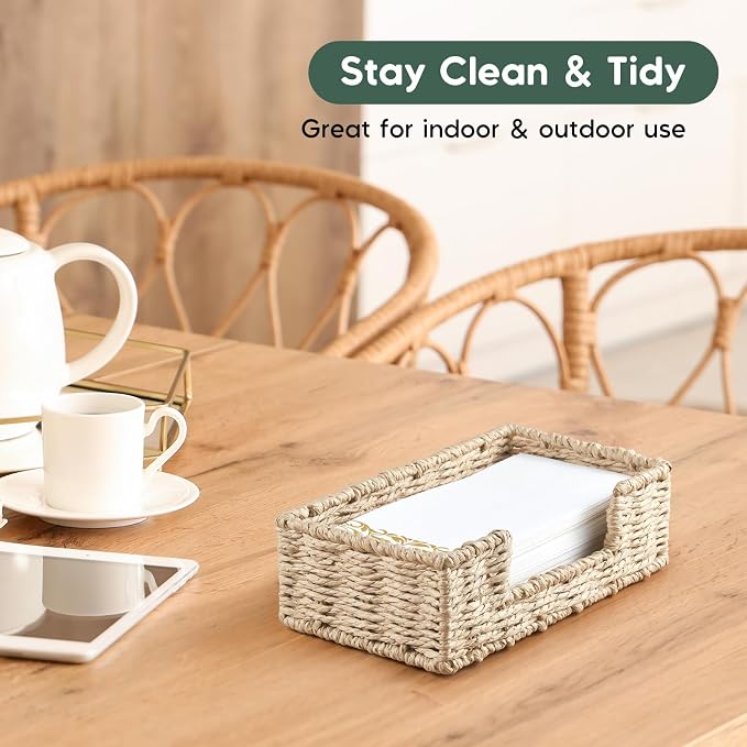 Napkin Holder for Bathroom, Woven Wicker Paper Rope Guest Towel Holder Tray - Image 3