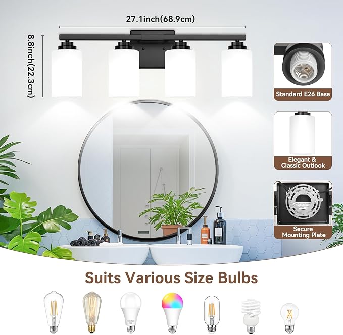 4-Light Bathroom Light Fixtures, Matte Black Light Fixture, Classic Wall Light - Image 8