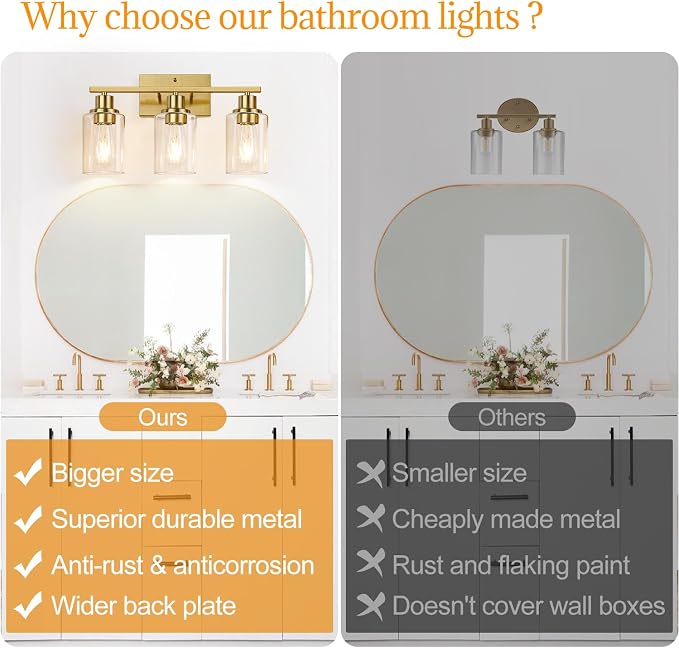 3-Light Vanity Lights with Clear Glass Shades, Brushed Gold Bathroom Light - Image 2