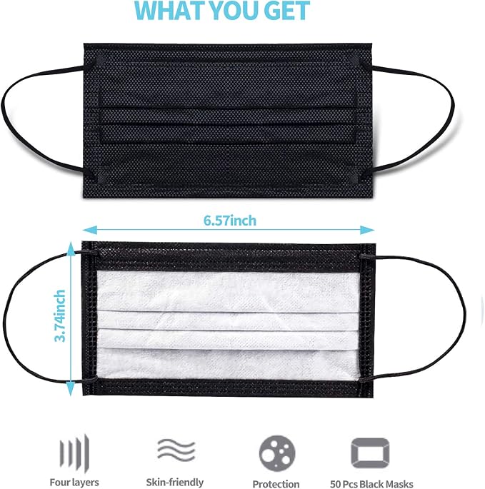 Black Disposable Face Masks 4 Layers Protection 50Pcs, Breathable Dust Mask - Image 4