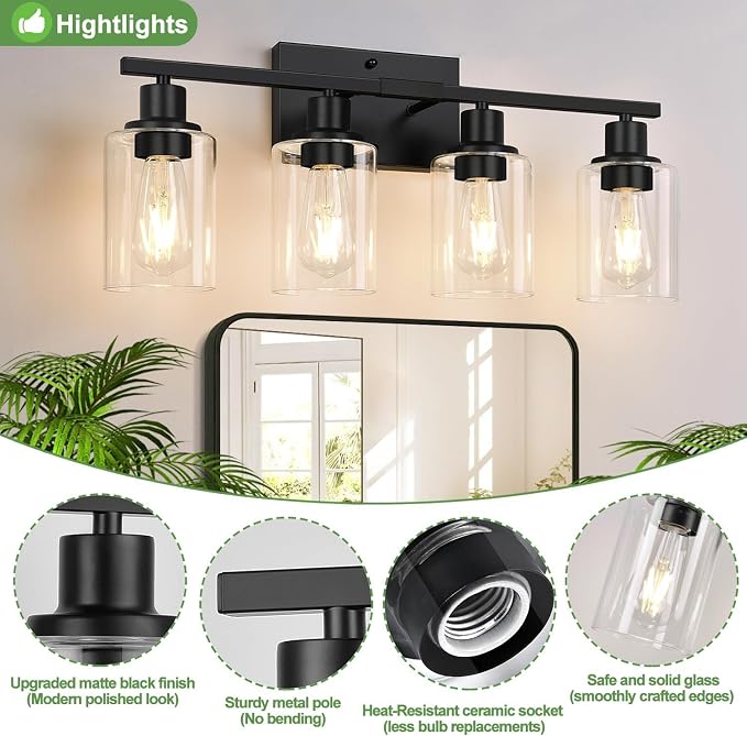 Indoi 4-Light Bathroom Light Fixtures, Matte Black Modern Vanity Lights - Image 4
