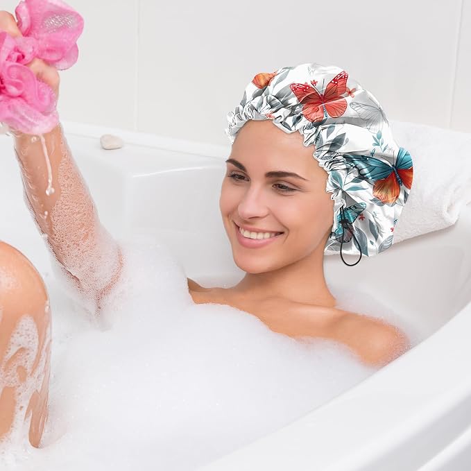 2 PCS Shower Cap Waterproof Double Layer Elastic Adjustable Reusable Hair Bath - Image 7