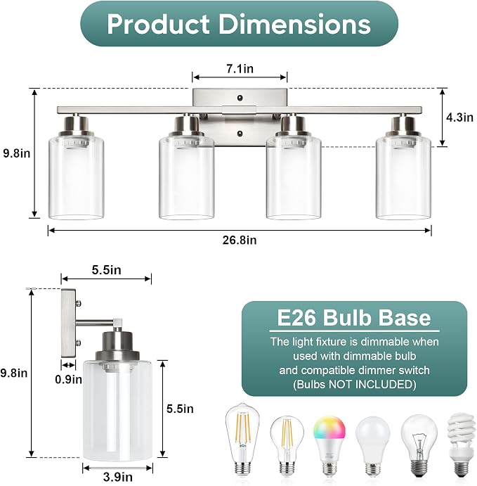 Ascher Bathroom Light Fixtures, 4-Light Vanity Light Over Mirror, Brushed - Image 2