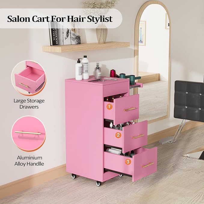 Salon Trolley Cart with Wheels, 3-Drawer Rolling Hair Styling Station, Mobile - Image 2