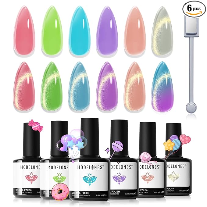 modelones Cat Eye Gel Nail Polish, 6 Colors Jelly Neon Set by MODELONES