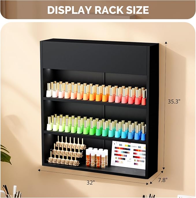 OmySalon Wall Mounted Display Rack, 32-Inch 3-Tier LED Nail Polish Organizer - Image 3
