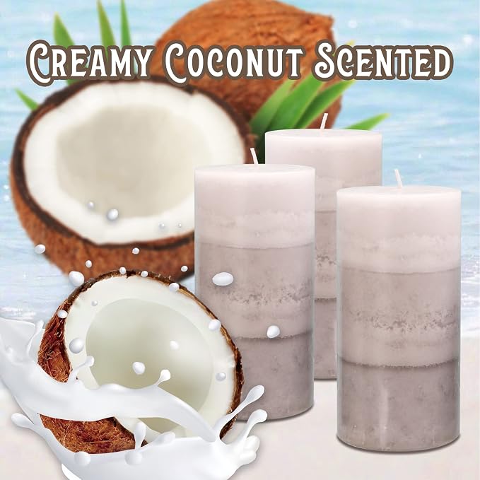 Set of 3 Scented Candles 3" x 6" Creamy Coconut Scented Hand Poured Grey White - Image 2