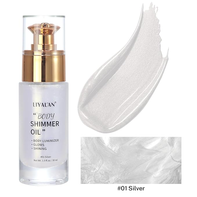 Liyalan Shimmer Body Oil Silver Color 1.0 fl.oz Face Glow Pearl Highlighter - Image 9