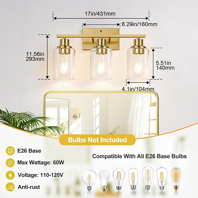 3-Light Vanity Lights with Clear Glass Shades, Brushed Gold Bathroom Light - Image 8