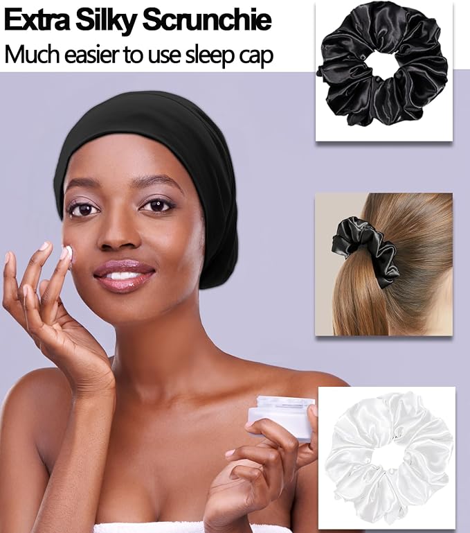 Sleep Cap Bonnet for Sleeping Black Women, Adjustable Cooling Ice Silk Lined - Image 4