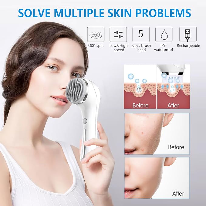 Facial Cleansing Brush, 2 in 1 Ｗaterproof IPx7 Facial Spin Scrubber Set - Image 4