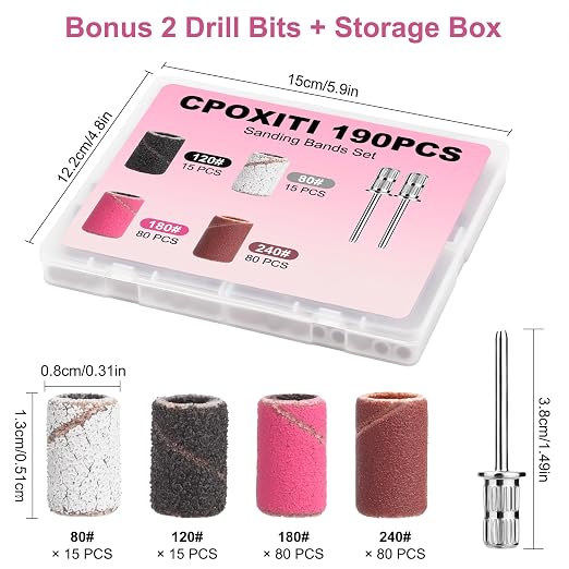 190 Pcs Sanding Bands for Nail Drill, 80/120/180/240 Grits Nail Sanding Bands - Image 3