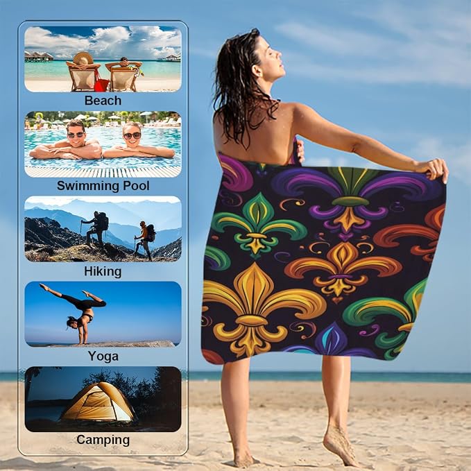 Colorful Mardi Gras Fleur De Lis Beach Towel Oversized Quick Dry Beach Blanket - Image 5