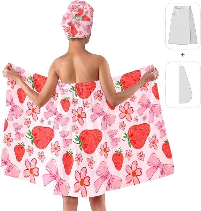 Strawberry Print Bath Wrap and Hair Drying Towel Set – Microfiber Quick Dry - Image 2