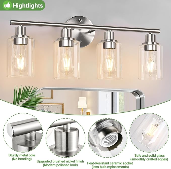 4-Light Bathroom Light Fixtures, Brushed Nickel Modern Vanity Lights Over Mirror - Image 4