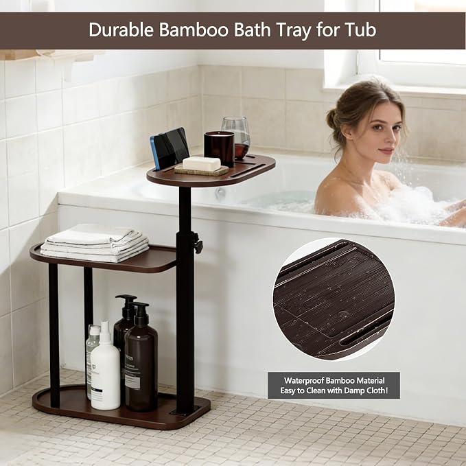 3 Layer Bathtub Tray Table, Bamboo Swivel Bathtub Side Table Height Adjustable - Image 3
