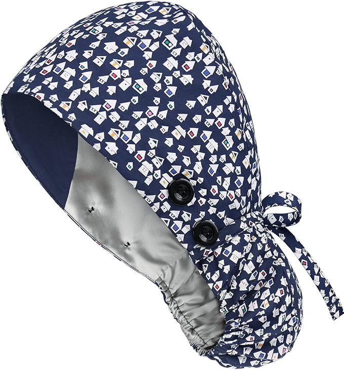Satin Lined Scrub Caps with Buttons & Sweathand, Surgical Caps by Yuest