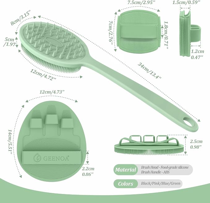 Silicone Back & Face Scrubber & Bath Glove Set 3PCS, 13.4'' Gentle Back Scrubber - Image 2
