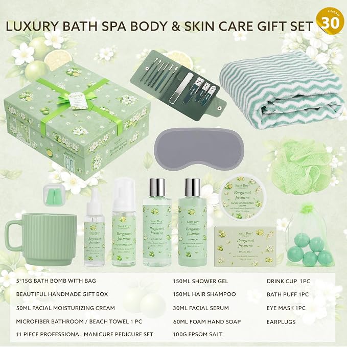 30 Pcs Spa Gifts for Women & Men, Bergamot Jasmine Bath & Body Gift Basket - Image 2
