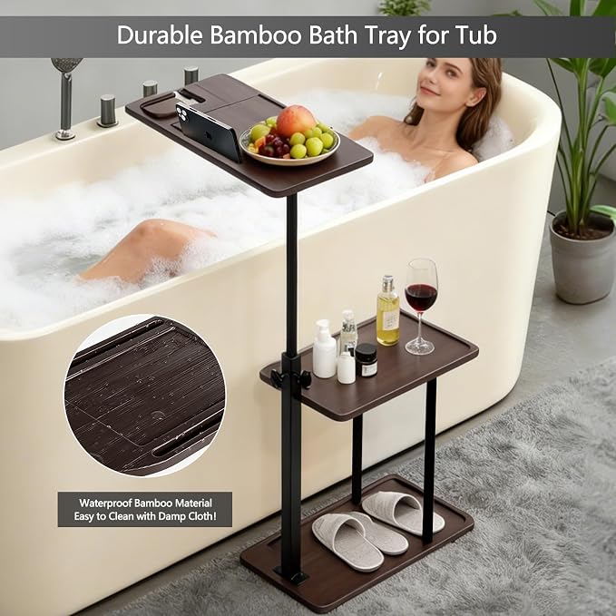 3 Layer Bathtub Tray Table, Bamboo Swivel Bathtub Side Table Height Adjustable - Image 2