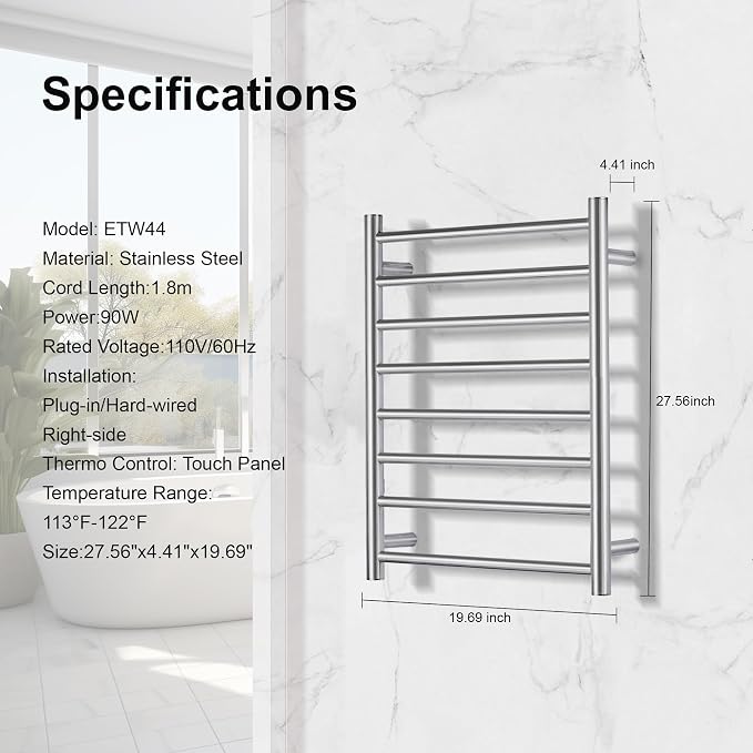 Towel Warmer Bathroom Wall Mounted Drying Rack Plug-in Electric Heated Towel - Image 2