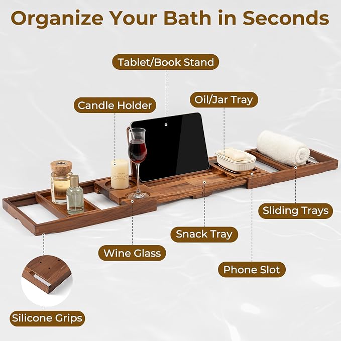 Venusmiles Teak Bathtub Tray Caddy, Foldable Bath Tray - Image 3