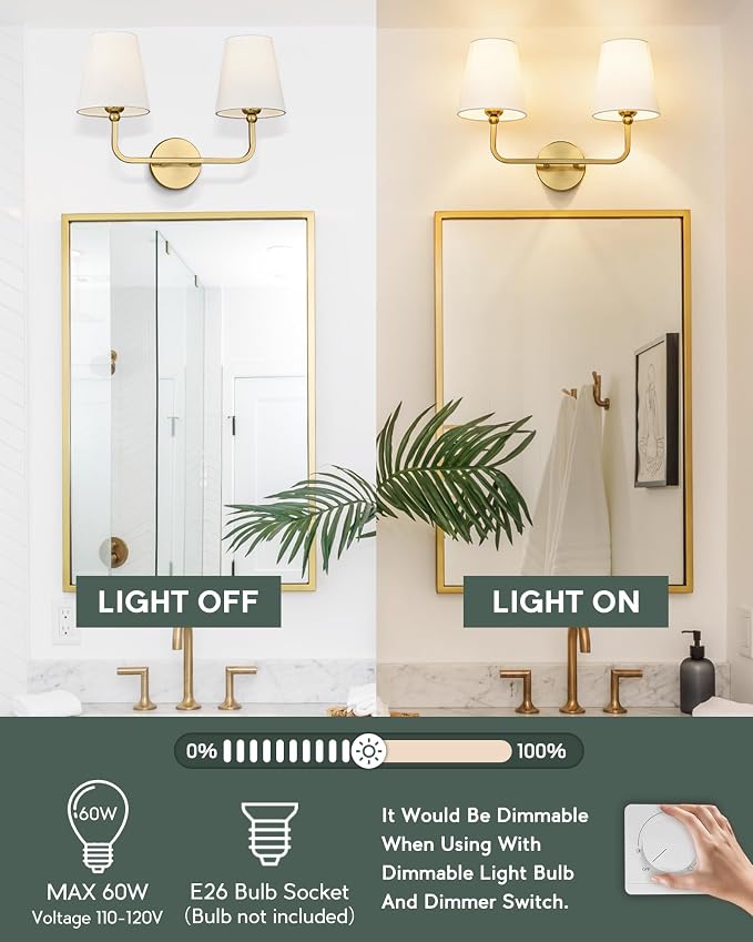 2 Light Bathroom Vanity Light, Brushed Gold Double Wall Sconce - Image 6