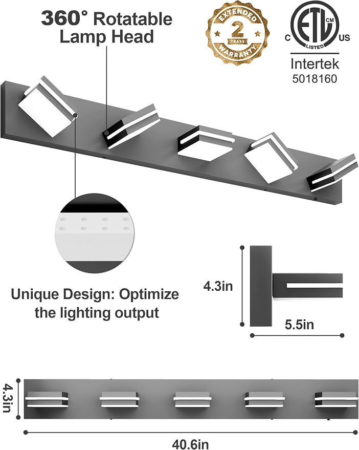VOLISUN Modern 5-Light, 40-Inch Black Bathroom Vanity Light Fixtures Over Mirror - Image 6