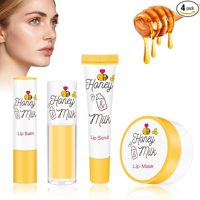 4 Piece Honey Milk Lip Mask Lip Balm Lip Scrub Lip Oil Lip Care Kit, by Unknown