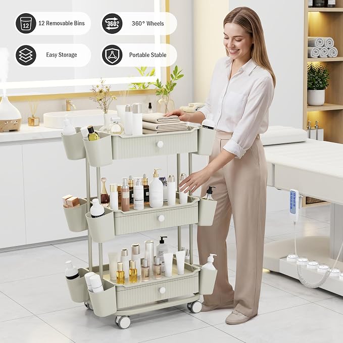 3 Tier Drawer Beauty Cart with 12 Movable Storage Organizer, Thickened ABS & - Image 3