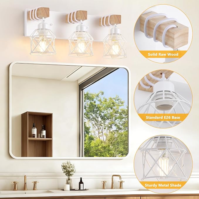 FadimiKoo 3-Light Farmhouse White Bathroom Vanity Light Fixtures, Rustic Wood - Image 3