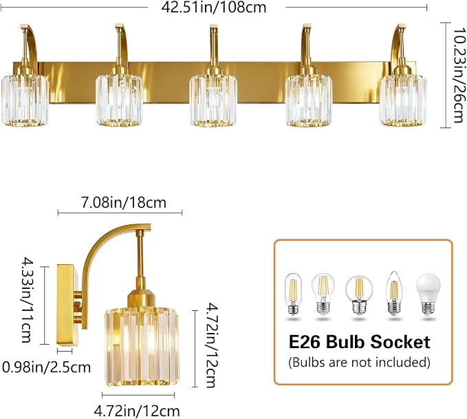 5-Light Crystal Vanity Light, Modern Gold Bathroom Wall Sconce - Image 4