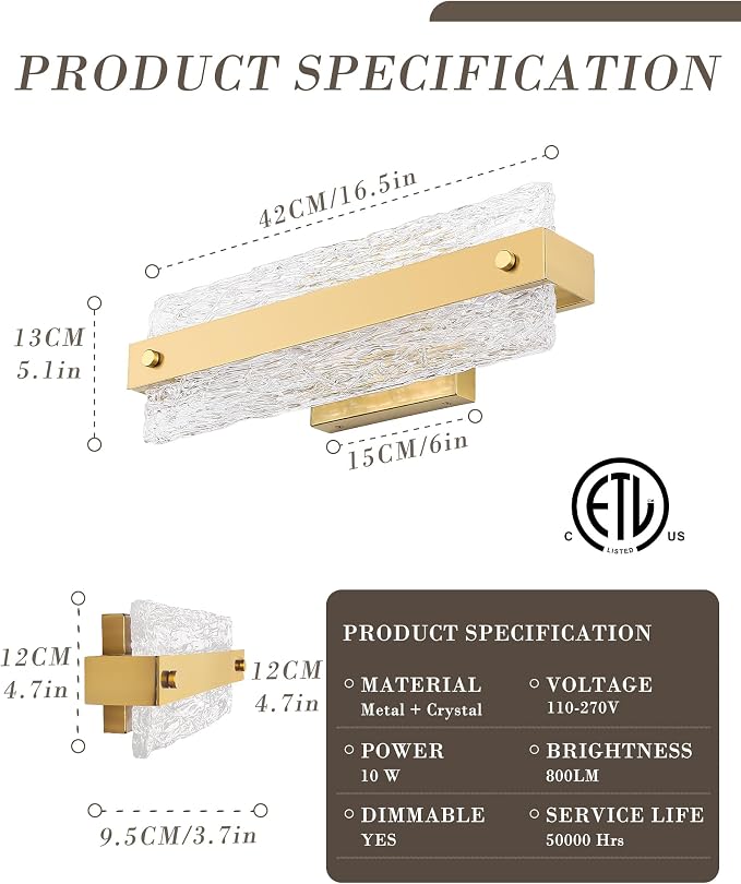 Brushe Gold Bathroom Vanity Light, 16.5 Inch 10W Dimmable LED Bathroom Light - Image 7