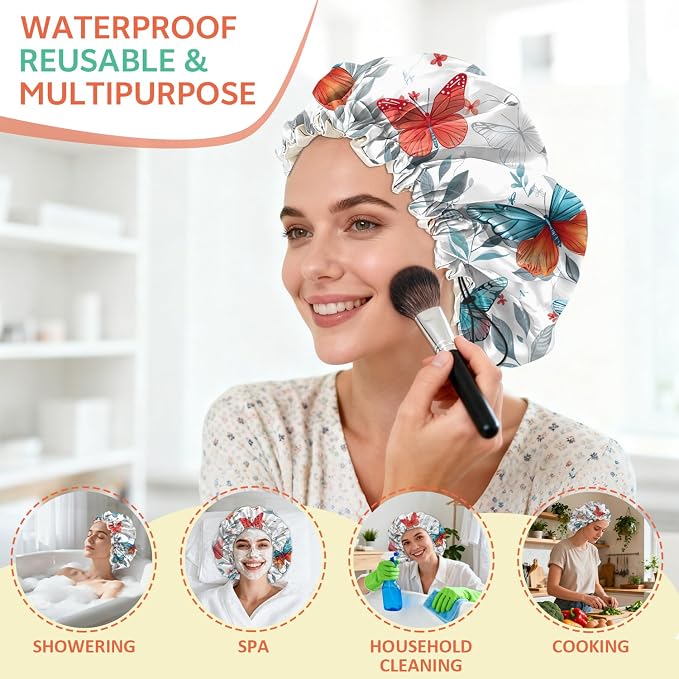 Shower Cap Reusable Double Layer Adjustable Elastic Waterproof EVA Hair Bath - Image 6