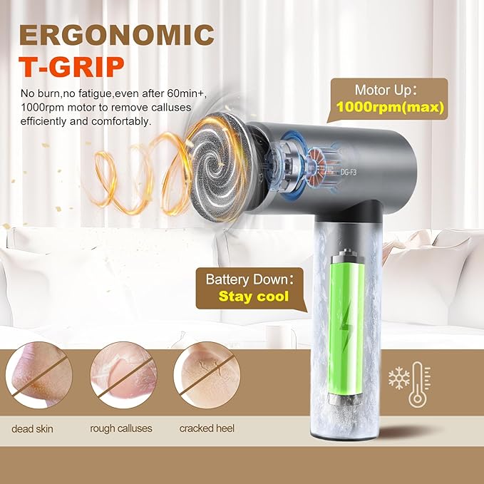 Premium Electric Foot Callus Remover, Ergonomic T-Grip 2600mAh Rechargeable 3 - Image 3