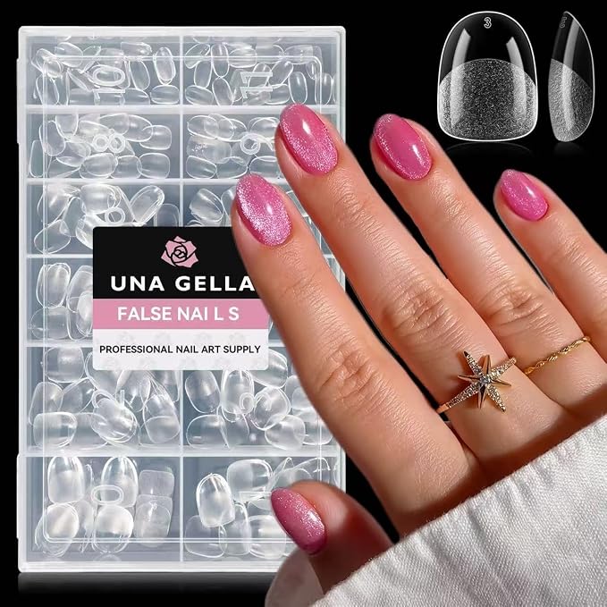 UNA GELLA Extra Short Oval Nail Tips, Pre-Etched Round Clear Fake Nails 216pcs by UNAGELLA