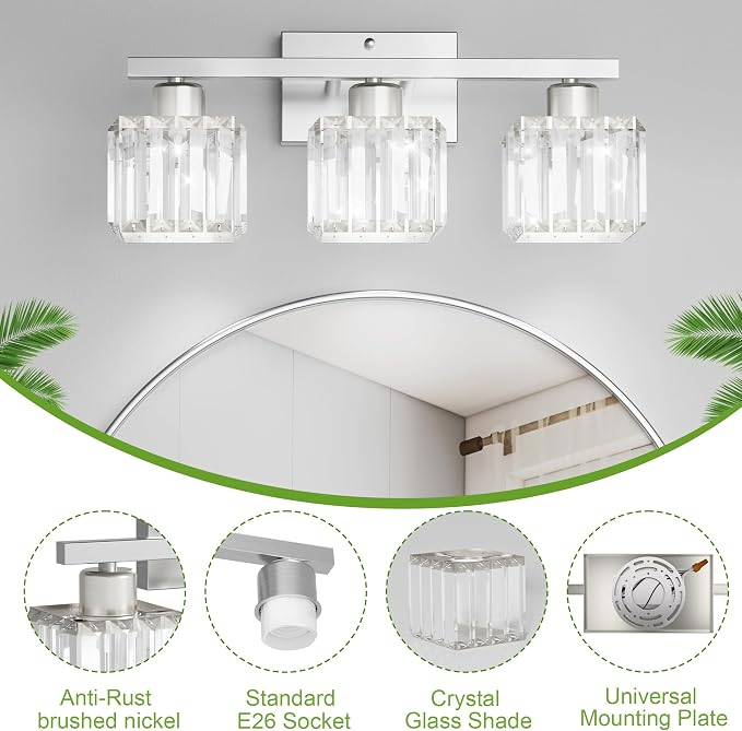 comzler 3-Light Bathroom Light Fixtures Over Mirror, Brushed Nickel Crystal - Image 4