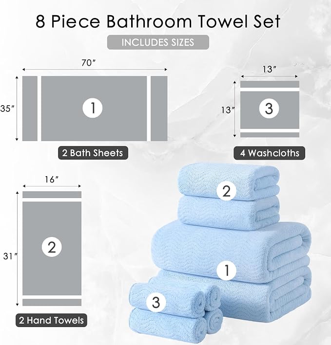 8 Piece Bath Towel Set Blue|2 Oversized Large Bath Sheet, 2 Hand Towels - Image 5