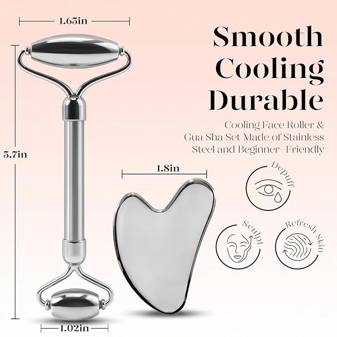BAIMEI Stainless Steel Gua Sha & Face Roller Set, Facial Massage Tool - Image 2