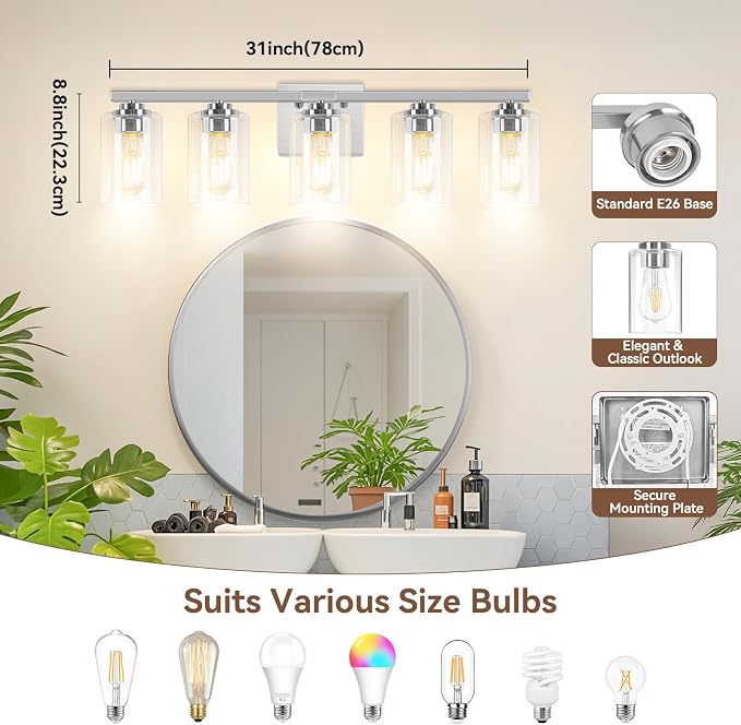 5-Light Bathroom Light Fixtures, Brushed Nickel Light Fixture, Classic Wall - Image 8