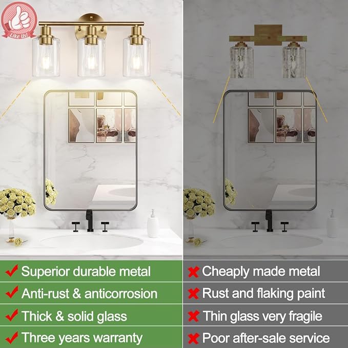 Zarbitta 3-Light Bathroom Light Fixtures, Brushed Brass Bathroom Wall Lights - Image 3