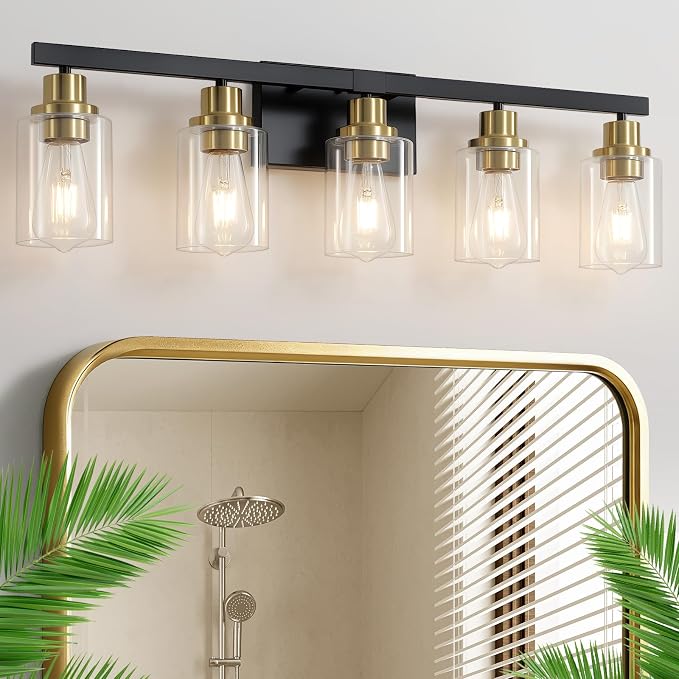 5-Light Black and Gold Bathroom Vanity Light, Bathroom Light Fixtures, Wall by DIKAIDALights