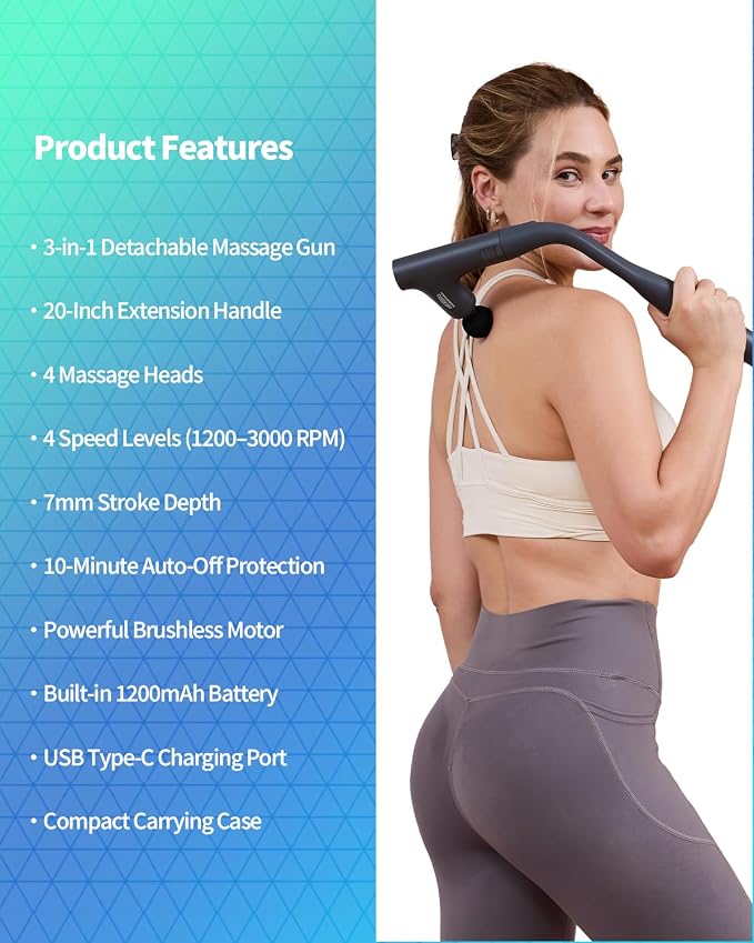 3-in-1 Detachable Massage Gun Deep Tissue, Ergonomic Extension Handle Back - Image 9