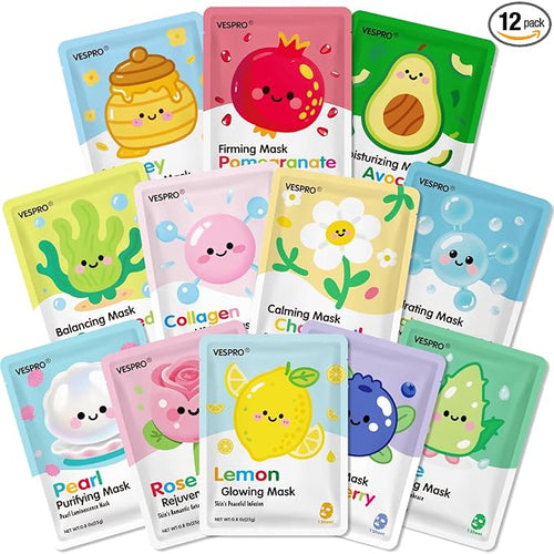 12 Pack Face Masks for Women, Hydrating & Moisturizing Facial Mask for Skincare by VESPRO